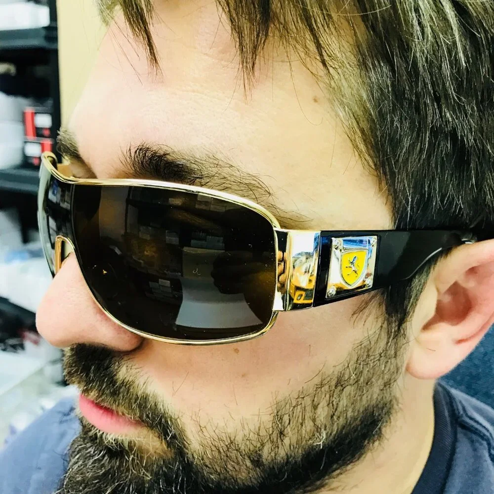 Men Fashion Sunglasses Single Metal Frame Gold Brown Lens‎ Shield Wrap Around